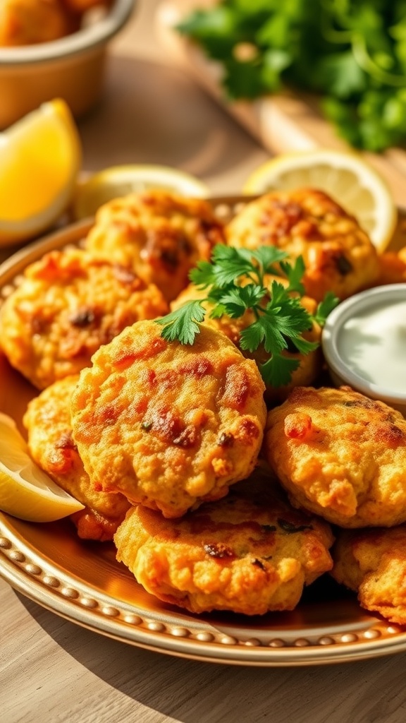 Crispy clam fritters on a plate with tartar sauce and lemon, presented in a sunny kitchen.